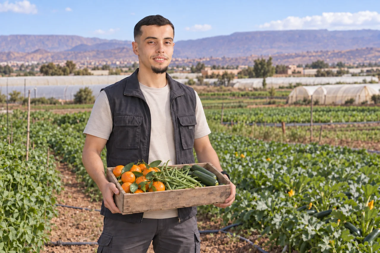 Aadil avec une caisse de fruits et légumes dans le Souss