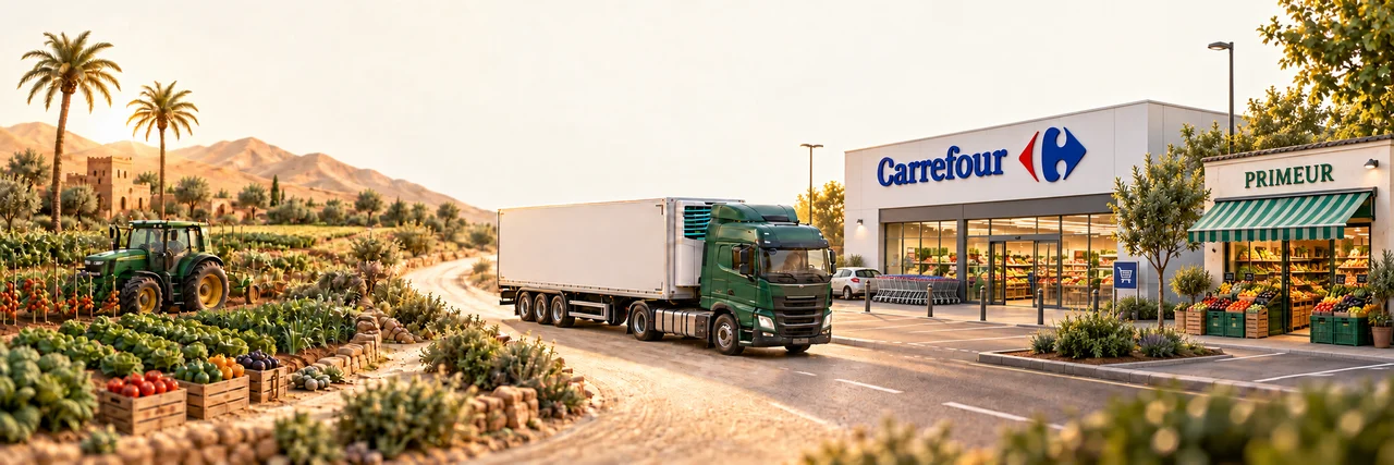 Scène illustrative : tracteur dans les cultures du Souss, camion frigorifique au centre du trajet, supermarché Carrefour et primeur de quartier, exemples illustratifs de débouchés en France